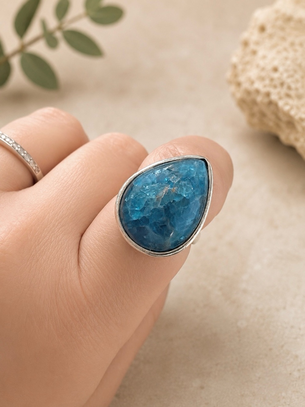Blue Teardrop Natural Apatite Gemstone Sterling Silver Ring Sz 8.5